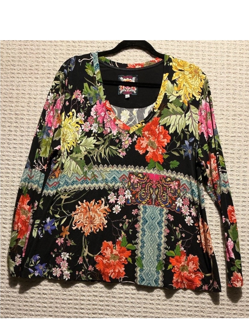 Johnny Was Floral V-Neck Long Sleeve Top - Black Multicolor